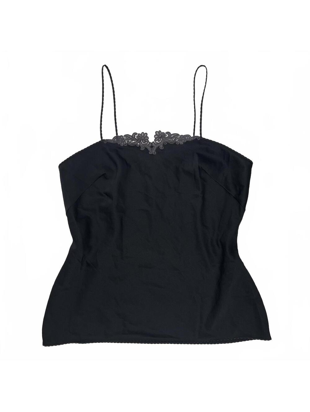 Vintage Whimsygoth Black Satin Camisole Lace Detailing Made In France Sz 42/ L